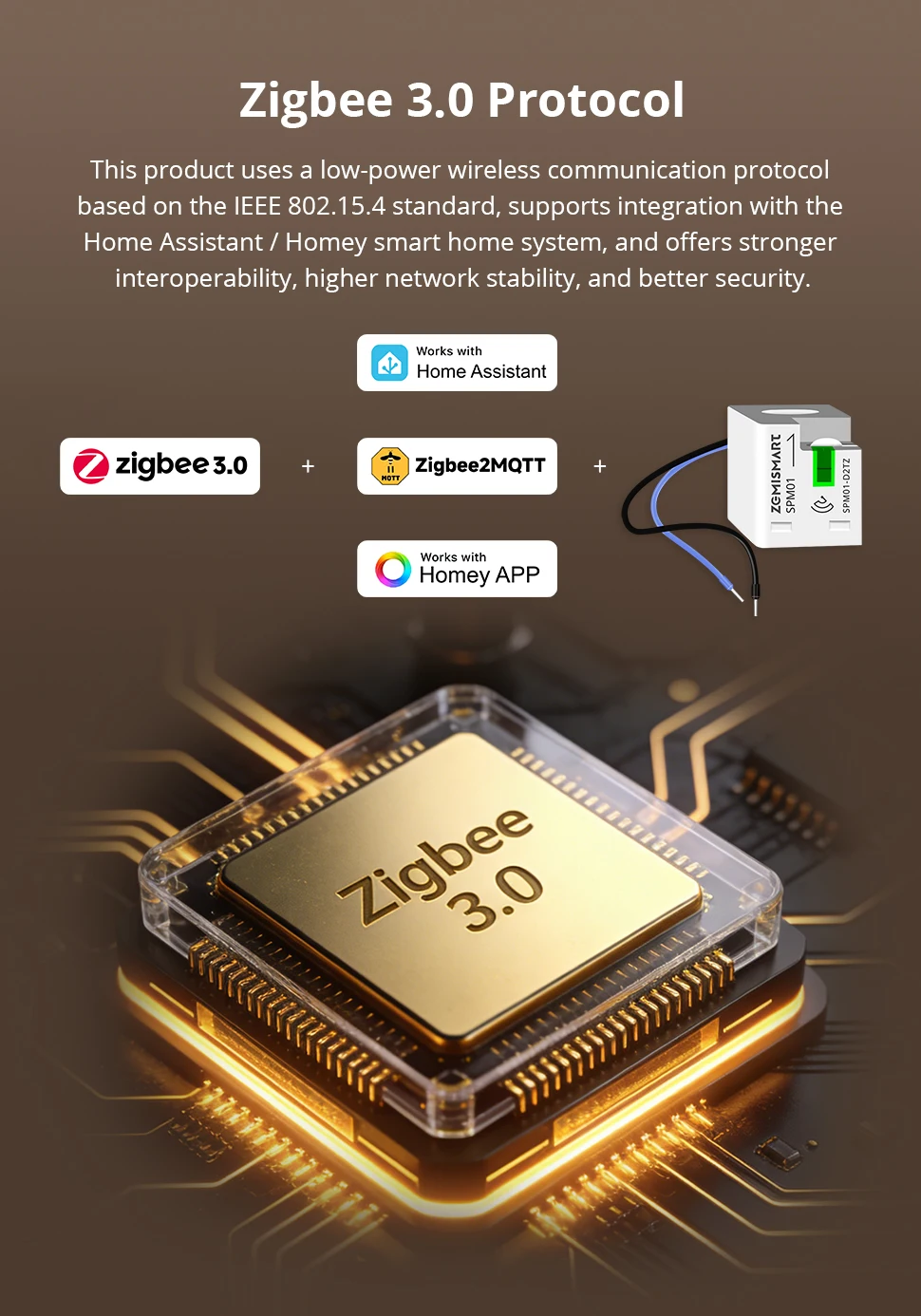 Zemismart Zigbee 3.0 Smart Power Monitor 63A Energiemessgerät Echtzeit-Detektor Kompatibel mit Homey Unterstützt Zigbee2MQTT ZHA – Detail 4