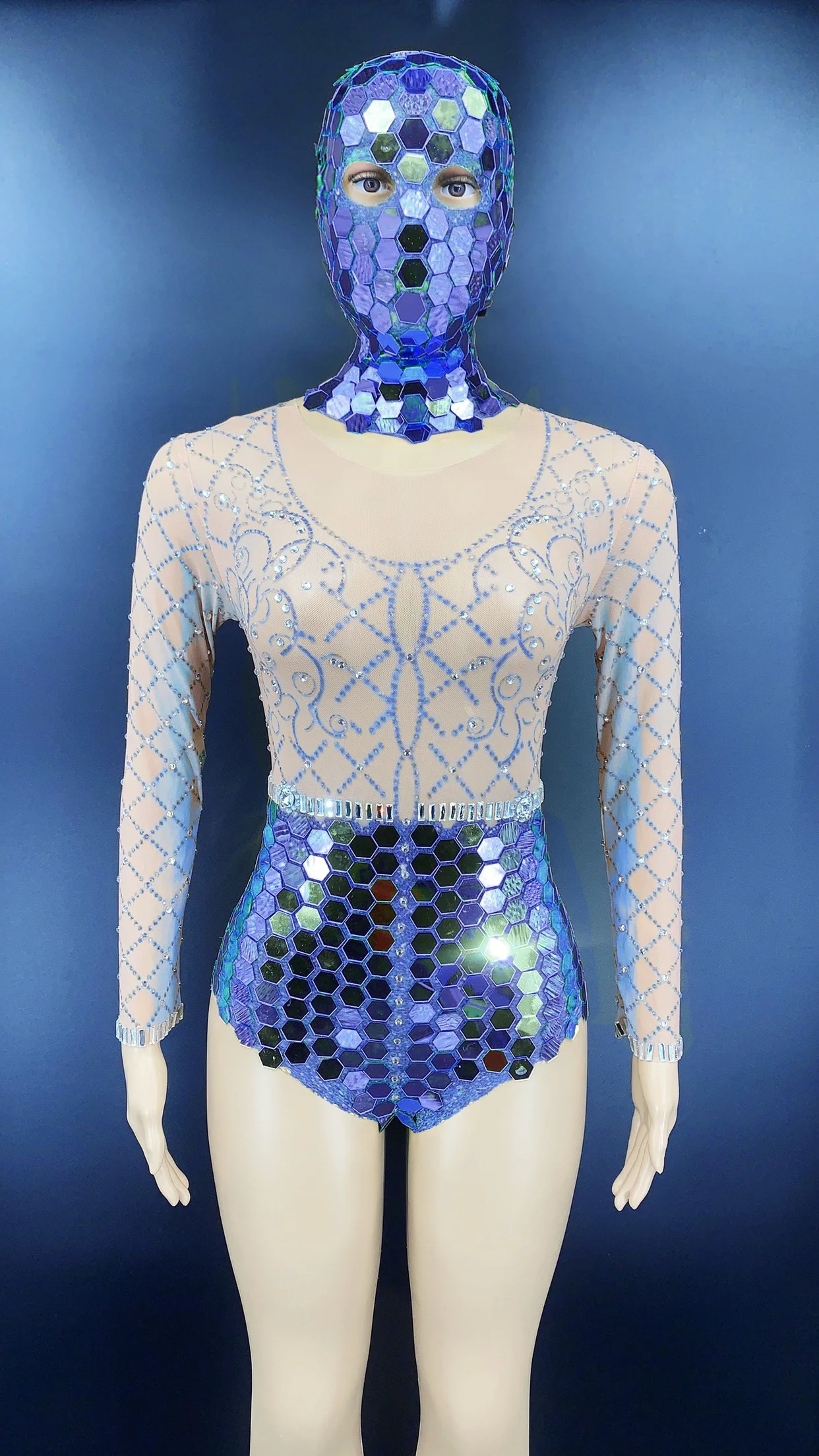 Kombinezon z cekinami lustrzanymi w wielu kolorach, kostium drag queen, strój sceniczny dla piosenkarza, tancerki, nakrycie głowy, kombinezon rave, model yj014 (2026)