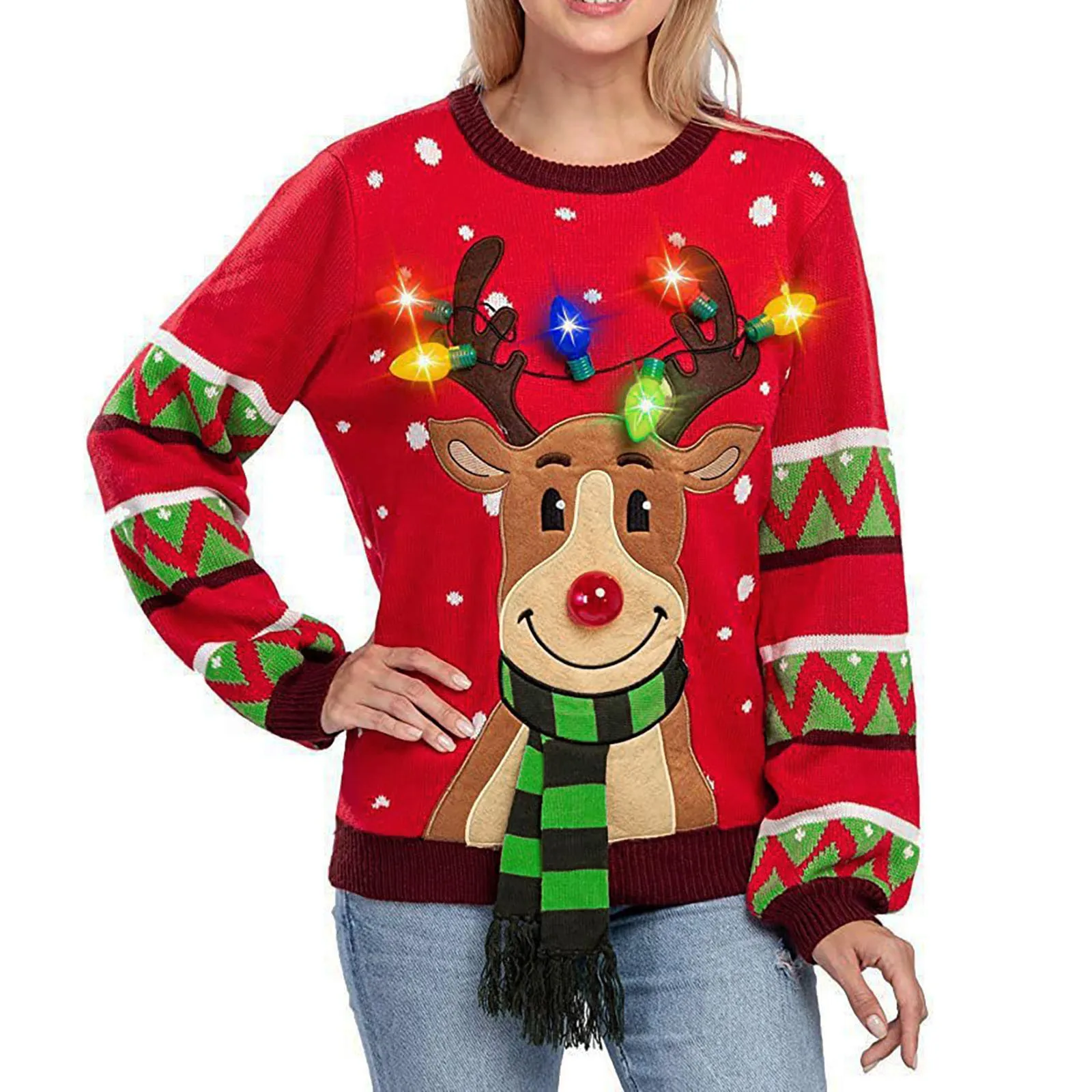 Women LED Light Up Holiday Sweater Christmas Cartoon Reindeer Knit Pullover Top Round Neck Warm Soft Ugly Christmas Sweater