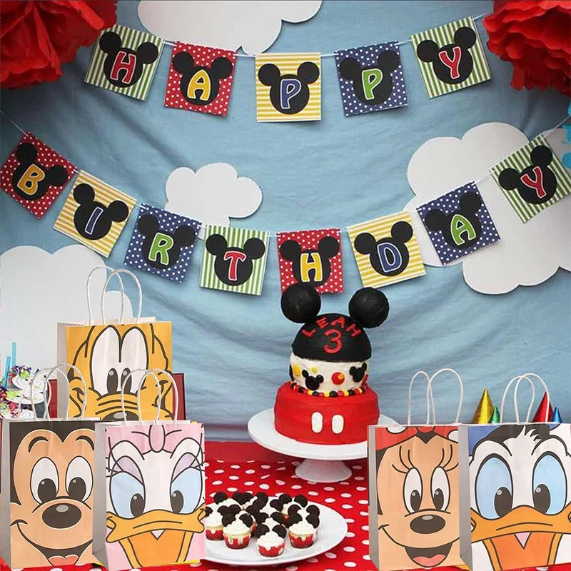 1/3/5Pcs Disney Mickey Mouse Party Gift Bags with handle Minnie Donald Duck Bruto Kraft Bags Baby Kids Birthday Party Decoration