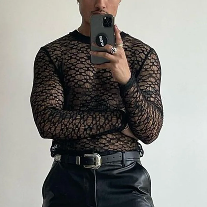 New T-shirt loose long-sleeved bottoming shirt fashionable men's lace hollow slim-fitting black slightly transparent top men