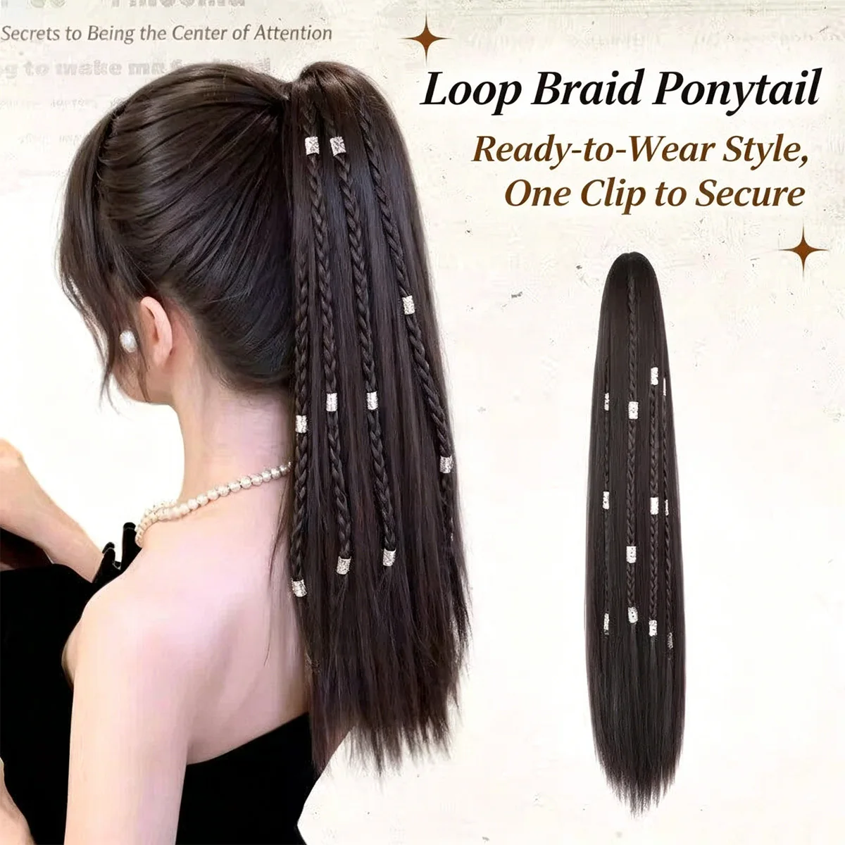 

Synthetic Loop Braid Ponytail Clip in Hair Extension Long Straight Fake Hair Piece with Beads Women Y2K Braided Horsetail