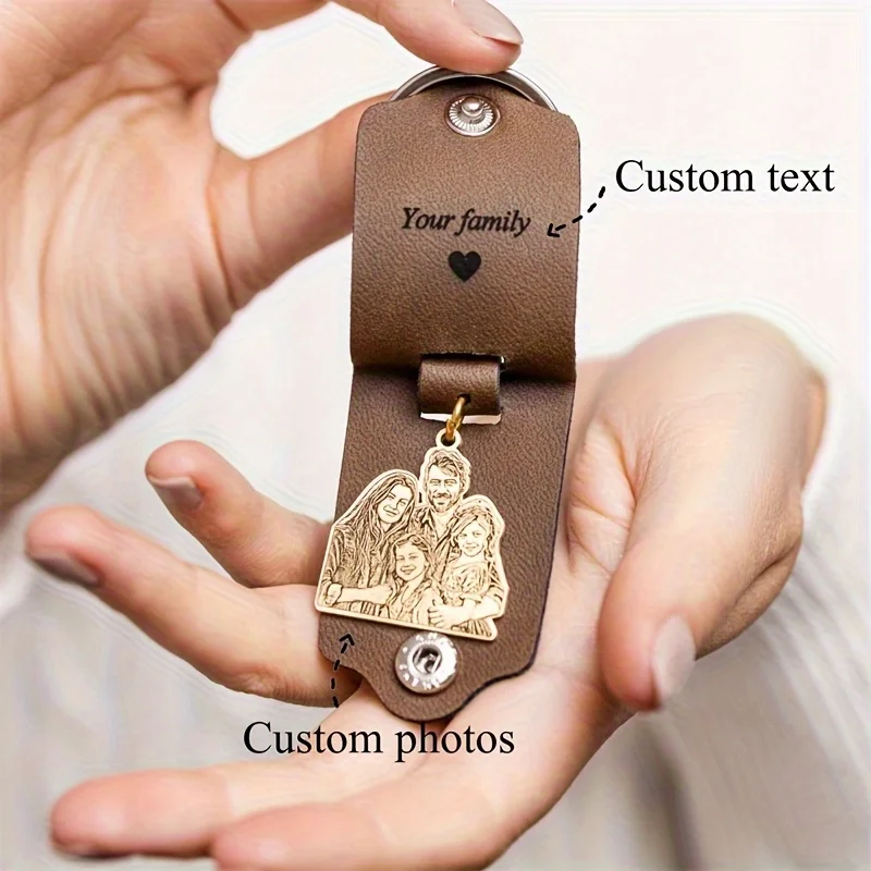 Custom PU Leather Family Photo Keychain Engraved Name Date Gift For Father Couple Valentine Christmas