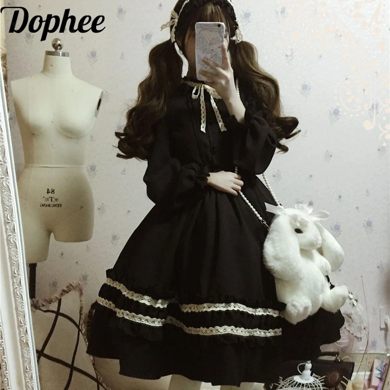 

Dophee Original Palace Retro Lolita Dress Women Spring Autumn Elegant Lace Splicing Puff Long Sleeve A-line Knee-length Dress