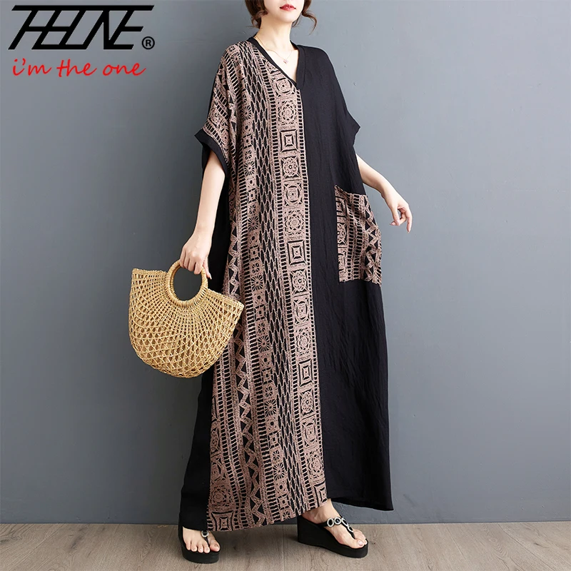 THHONE New Dress Women Summer V-Neck Vintage Loose Patchwork Pockets Beach Style Casual Plaid Bohemian Robe Long Maxi Dresses