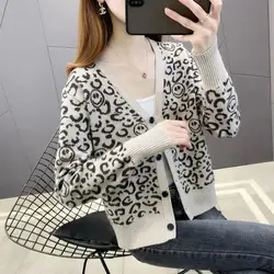 Vintage V-neck Knitting Cardigan Women Autumn Winter Fashion Leopard Long Sleeve Sweater Coat All-match Trend Knitwear Tops