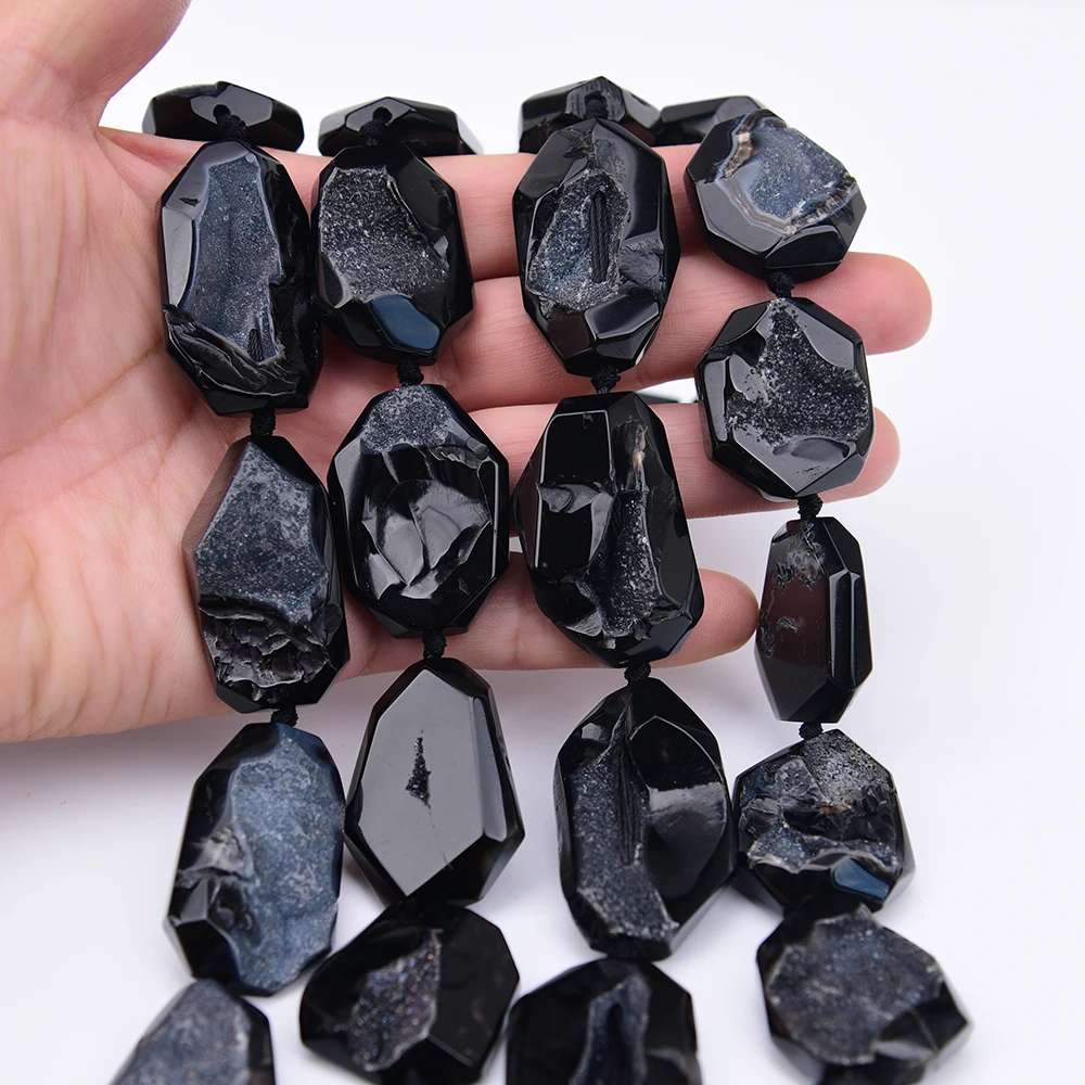 APDGG 22x34mm Natural Black Agate With Quartz Cutting Slice Pendant Loose Beads 16'' Jewelry DIY view 2
