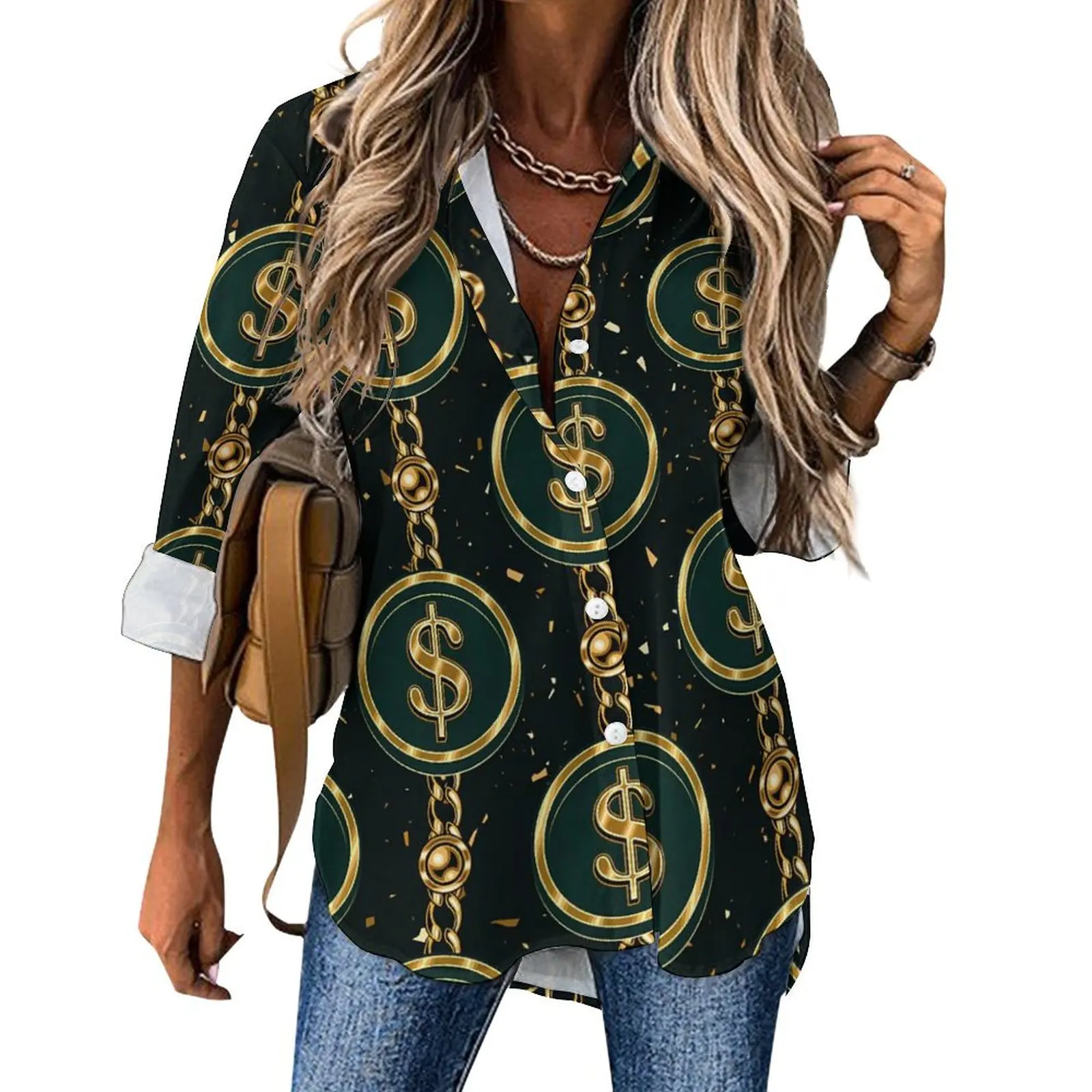 

Chains And Bead Blouse Gold Dollar Cute Graphic Casual Blouses Female Loose Shirts Summer Long Sleeve Oversized Top