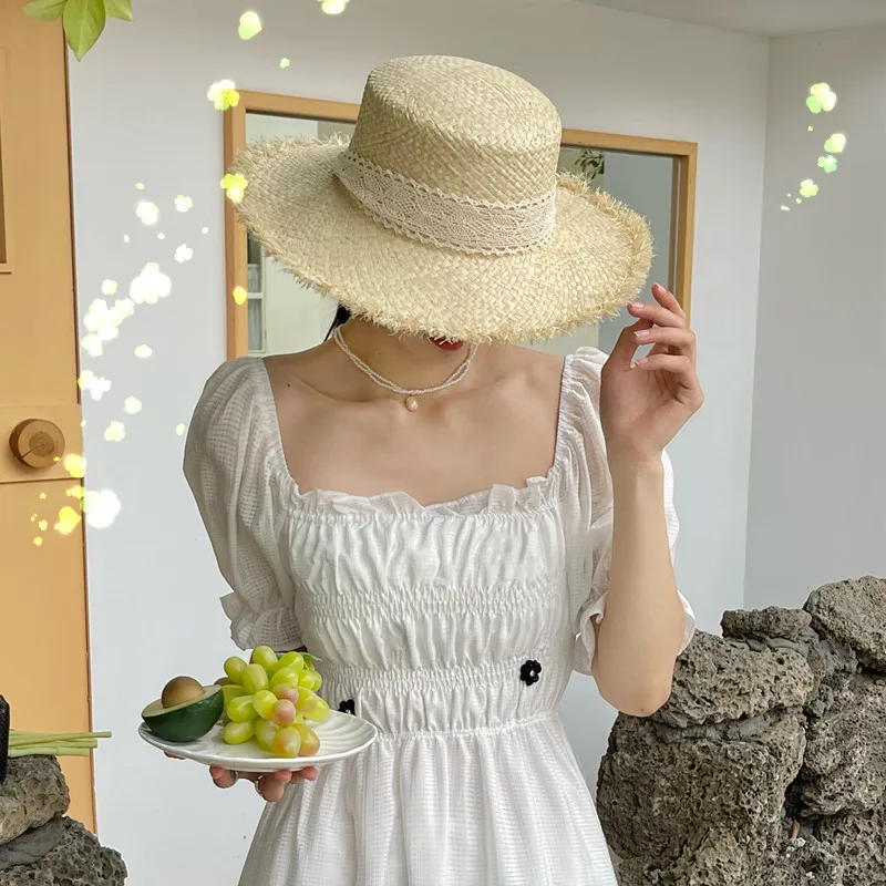 

Raffia Big Female Summer Seaside Beach Small Fresh Frayed Lace Sunshade Wide Brim Factory Sun Protection Hat