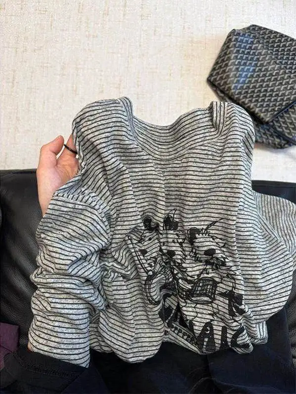 Loose Long Sleeve T-Shirt Women's Autumn Printed Dog Grey Stripes Slimming Velvet Base Shirt Inner Wear Casual Style Top