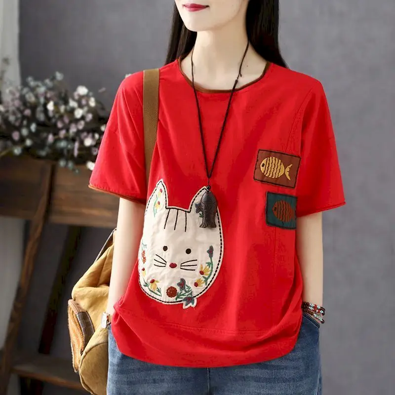 코튼 레트로 문학 티셔츠 여성 캐주얼 반소매 티셔츠 여름 라운드 넥 5 점 슬리브 루스 올 매치 여성 톱