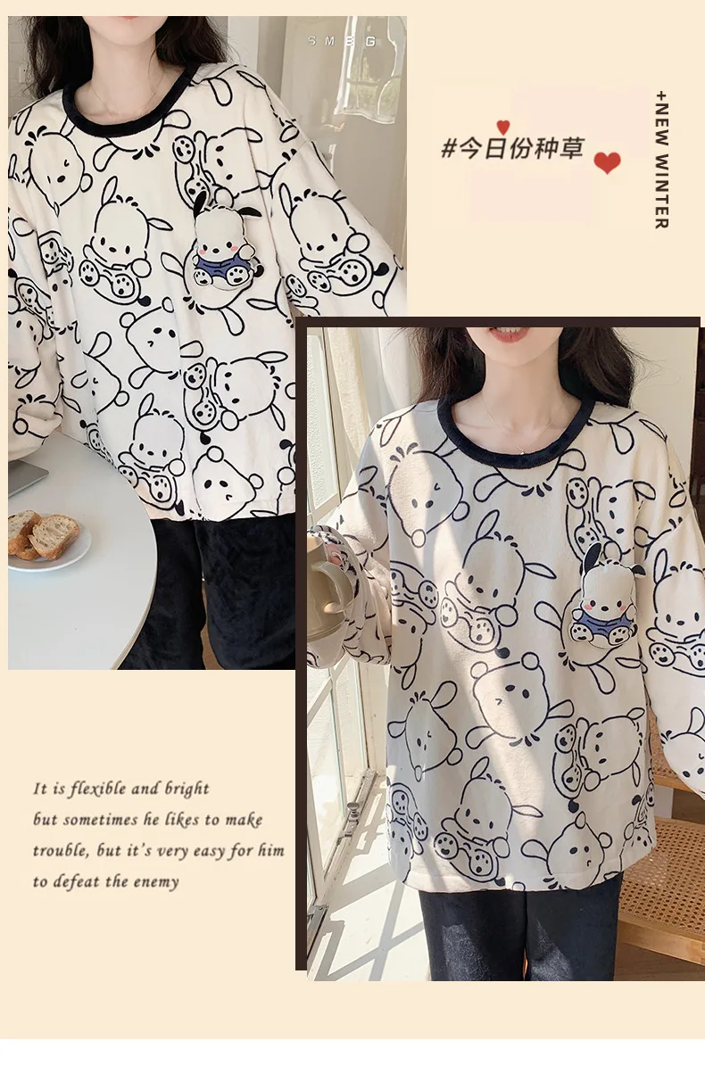 Sanrio Anime Kuromi Homewear mignon cannelle femmes en peluche pyjamas costume vêtements de nuit automne hiver flanelle filles Kawaii vêtements de nuit