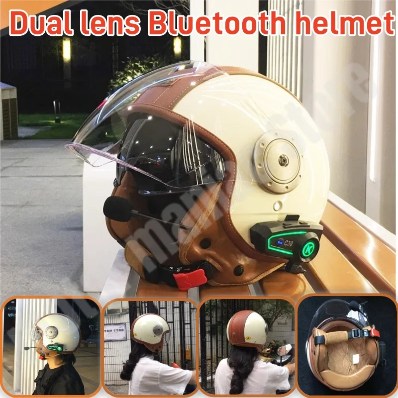 

Electric Motorcycle Intelligent Bluetooth Helmet Warm Ear Protection Motorcycle Retro Style Helmet Three-quarters Half Helmet