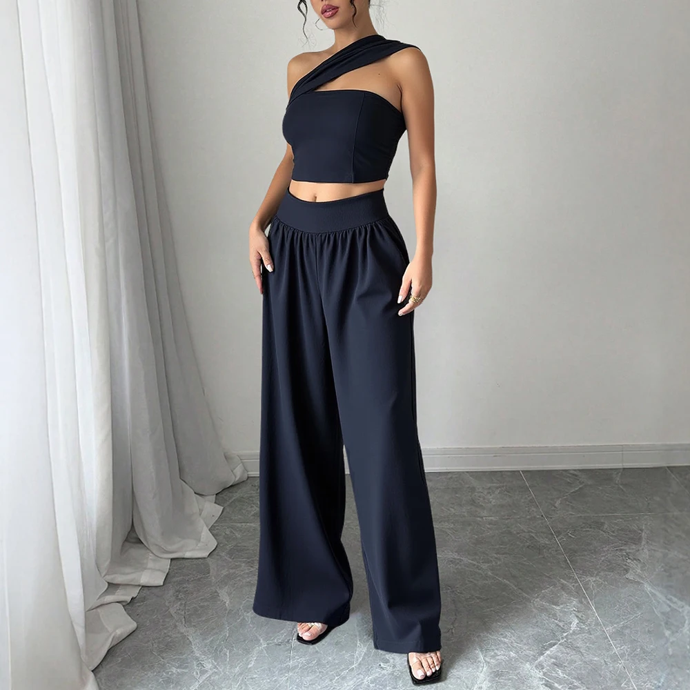 Mia Muse Boutique مجموعات كورية مثيرة عادي بلا أكمام واحدة الكتف الدبابات كامل طول عالية الخصر واسعة الساق مجموعات غير رسمية للنساء