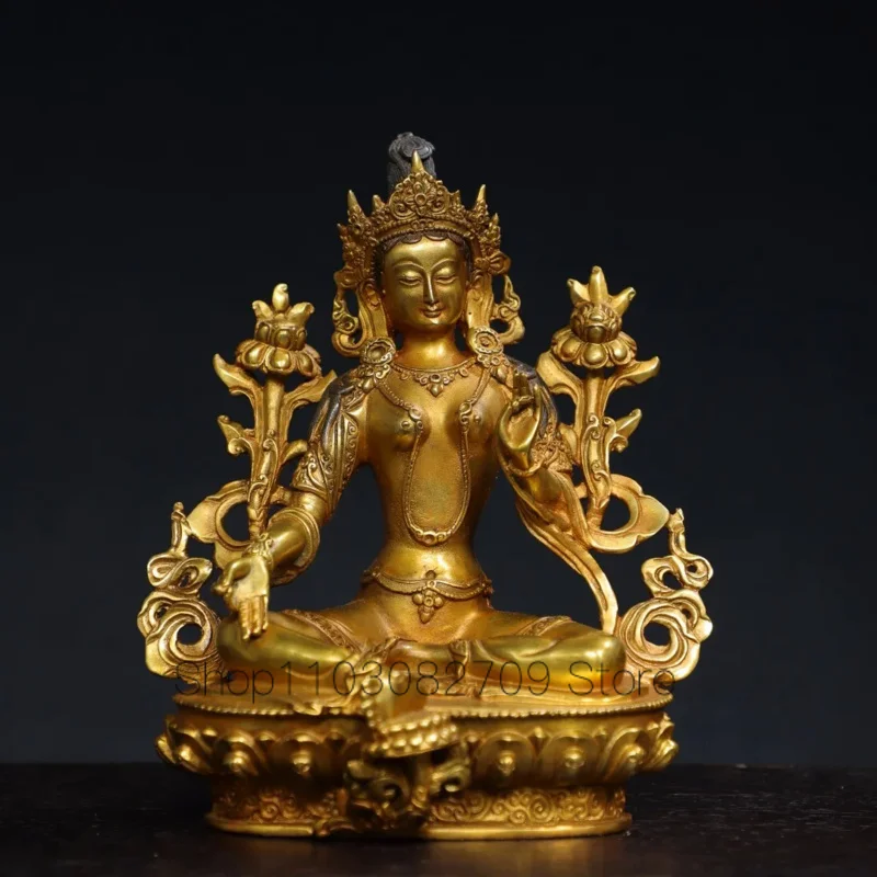 

20cm Nepalese Tibetan ornament Brass gilded green Tara Bodhisattva sitting statue Buddha hall supplies