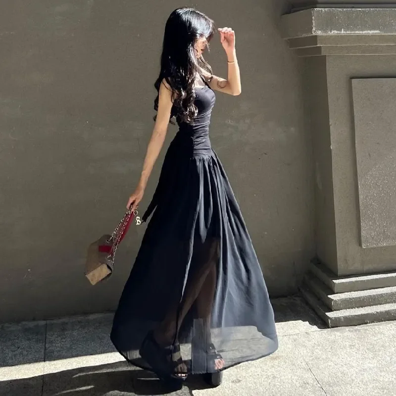 Schwarzes Trägerloses Maxikleid für Damen mit Geraffter Taille und Transparentem Netzeinsatz für Formelle Abendveranstaltungen