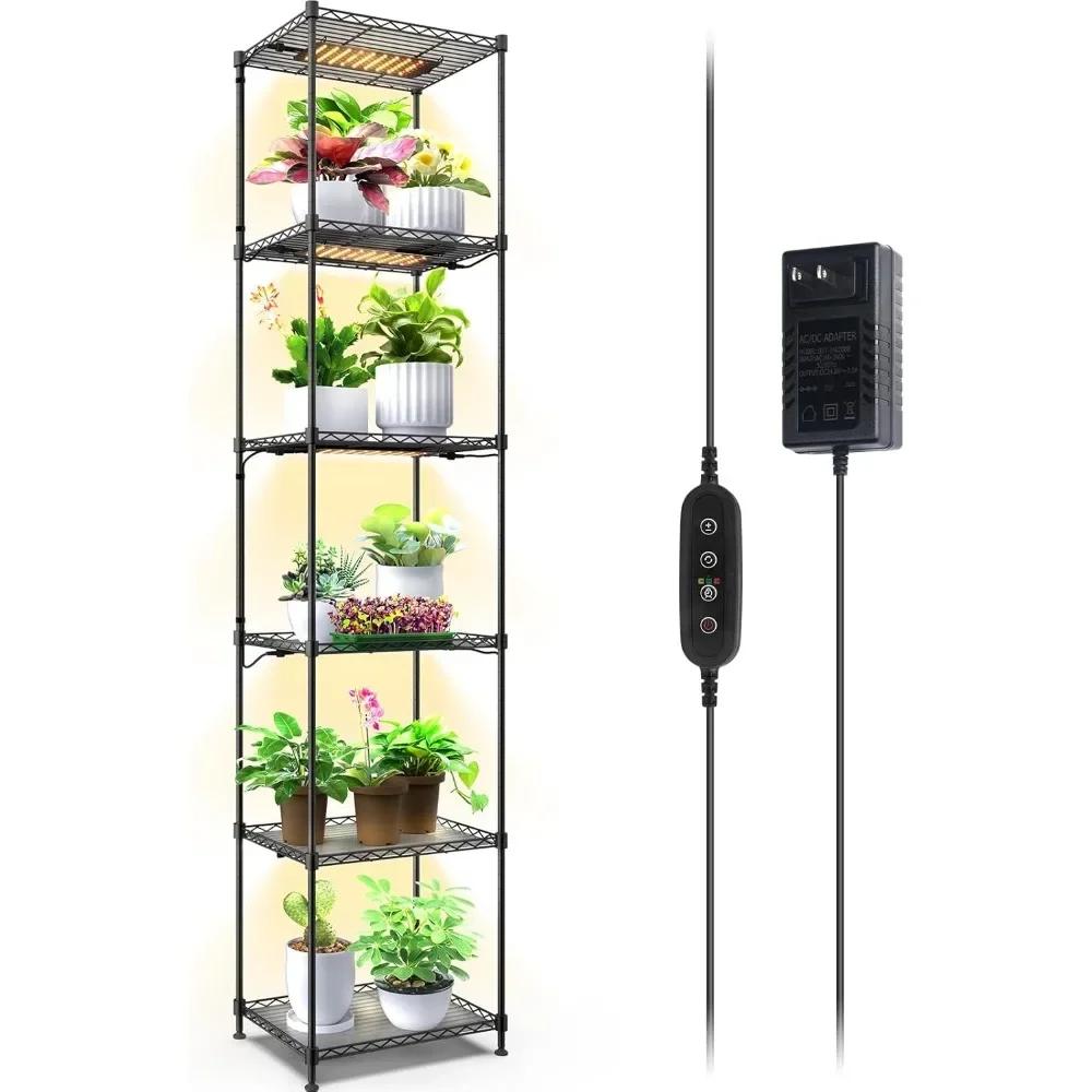 

Plant Stand with Grow Lights,6-Tier Plant Shelf with 5-Pack 50W Full Spectrum Ultra-Thin Grow Light Panel, 3 Modes, Auto Timer