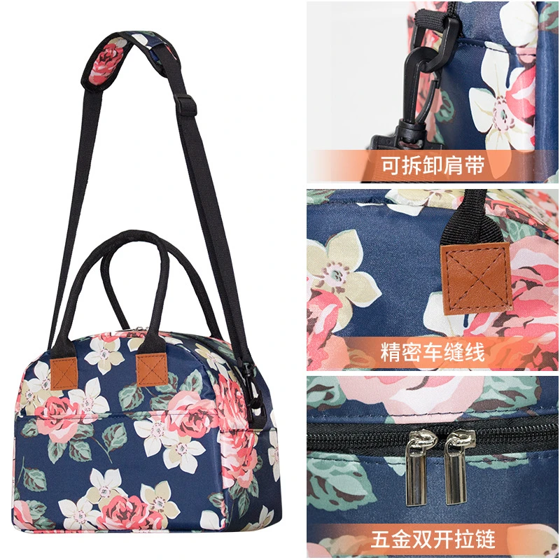 Rose Fashion Lunch Bags for Women Large Oxford Cloth Insulated Bento Box Pack Portable Lunch Handbag Waterproof Food Storge