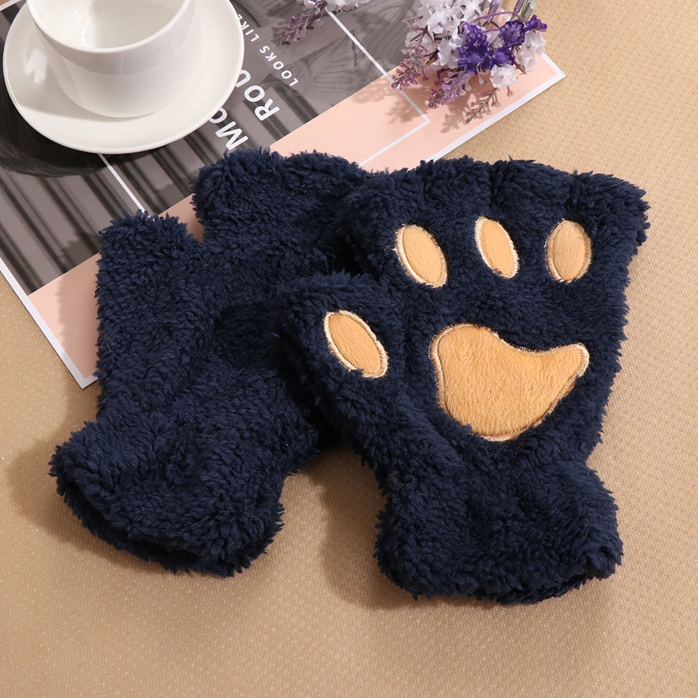 

1Pair Women Girls Lovely Winter Warm Fingerless Gloves Fluffy Bear Cat Plush Paw Claw Half Finger Gloves Mitten New