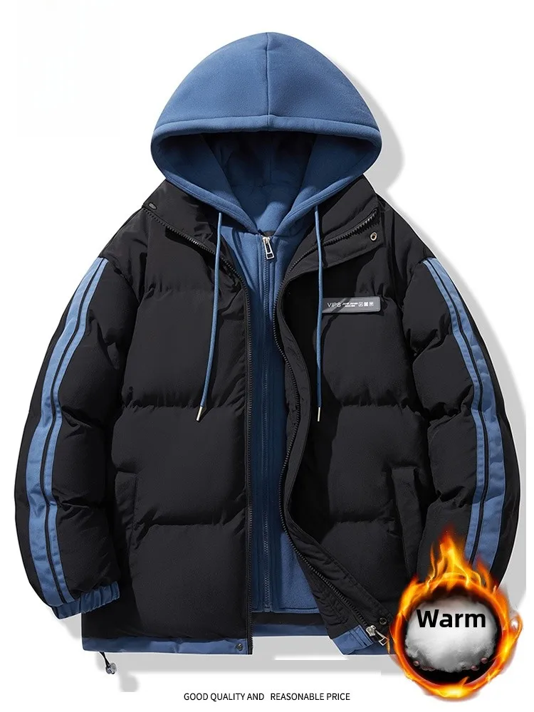 

Thiened Winter Jaet Men's Cotton Padded Coat Du down Hooded Fake Two-Piece Warm Cold Resistant Trendy Brand Outerwear