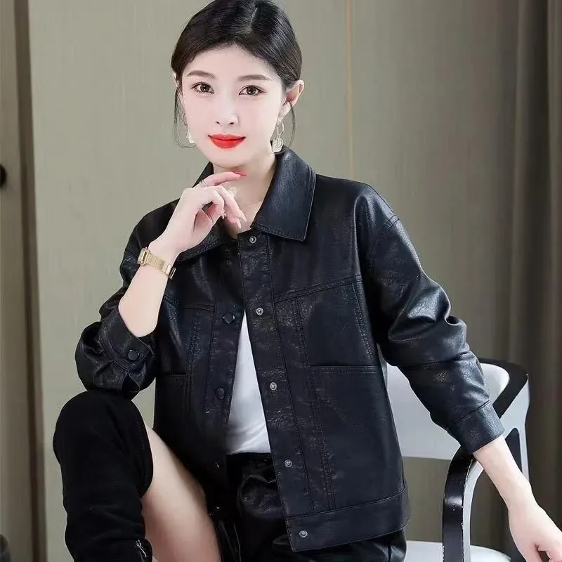 Faionable المرأة عادية بولي Leather الجلود Jaet ربيع الخريف بدوره إلى أسفل طوق Sli معطف عصري مريح صالح السيدات ملابس خارجية