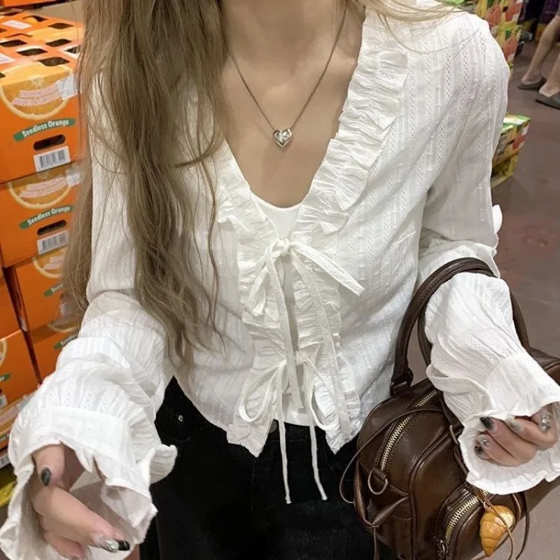 

Sweet White Lace Up Long Sleeve Cotton Blouse Korean Fashion Ruffles Shirts Aesthetic Spring Summer Cropped Top Korean Fashion