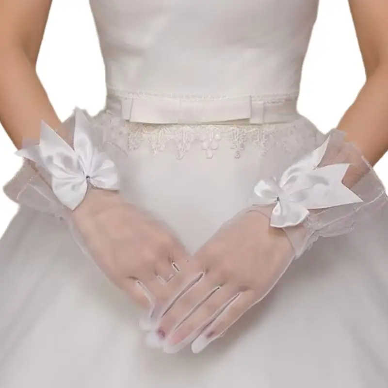 652F الدانتيل Bowknot تقليم قفازات الحدث الرسمي فساتين الزفاف قفازات للعروس وصيفات الشرف #2