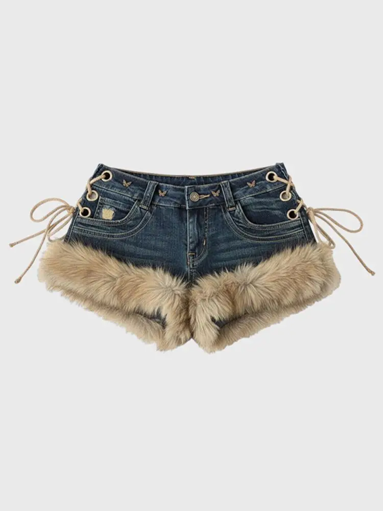 Winter Neue frauen Retro Design Flauschigen Spleißen Jeans Shorts Y2k Low-rise Strap Schlank Hot Pants