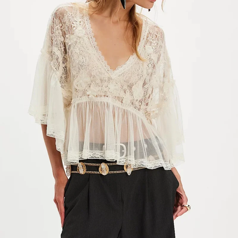Women Lace See Through Blouse Boho Sheer Long Bell Sleeve Ruffle Poncho Tops Sexy Mesh Flowy Frilly Hem Shawl Shirts