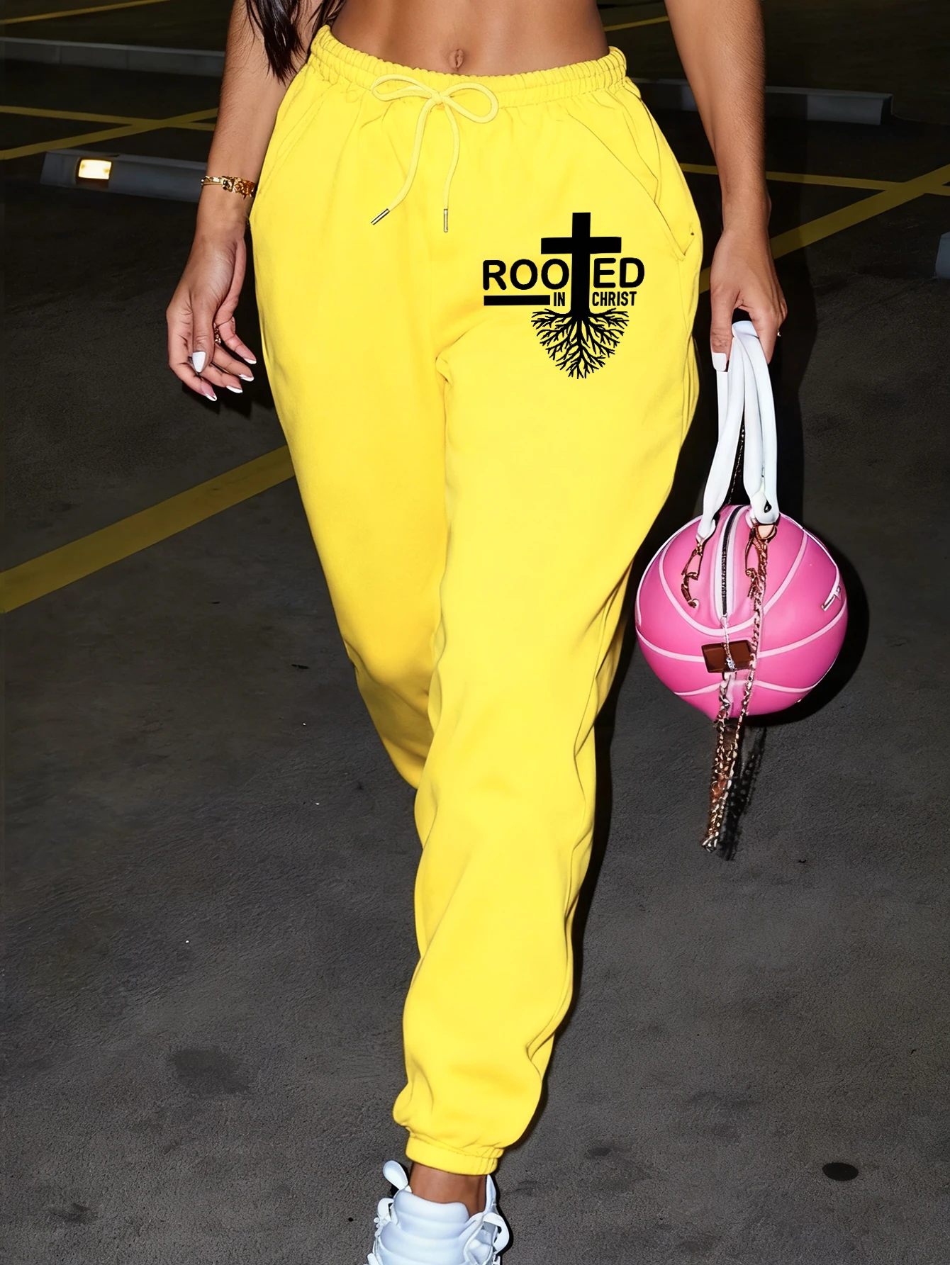 Rooted In Christ Stampa Pantaloni sportivi versatili alla moda Pantaloni lunghi da donna casual da strada Pantaloni in pile caldo Tasca da jogging Britches