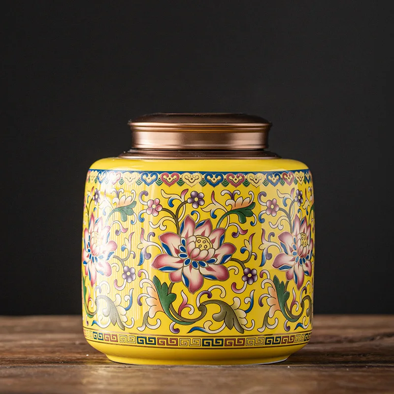 

High-grade Painted Tea Pot Ceramic Double Tin Lid Candy Sealed Pot Large Pu'er Tea Box Kitchen Storage Container Exquisite Gift