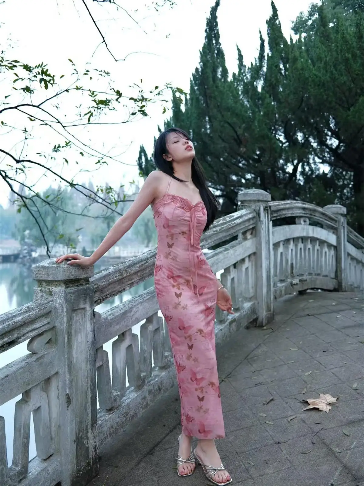 

Print Vintage Chinese Style Wrap around mid Draped Neckline Bodycon Dress Elegant Lady High Waist Polyester Dress
