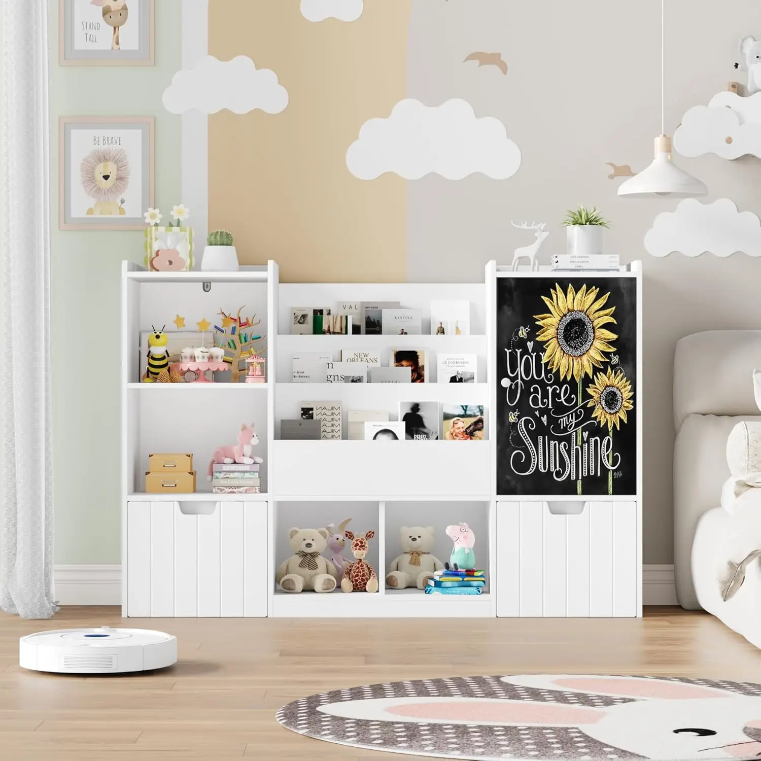 Grand rangement pour jouets avec tableau noir, bibliothèque pour enfants avec 2 Movab, 55.1 pouces