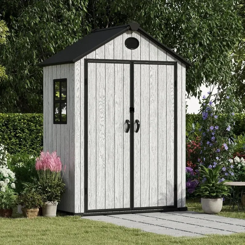 5.3x3.4FT 135Cuft Cement Grey Resin Outdoor Storage Shed 7FT Tall With Floor Side Window Custom Garden Lawn Mower Tool Cabinet