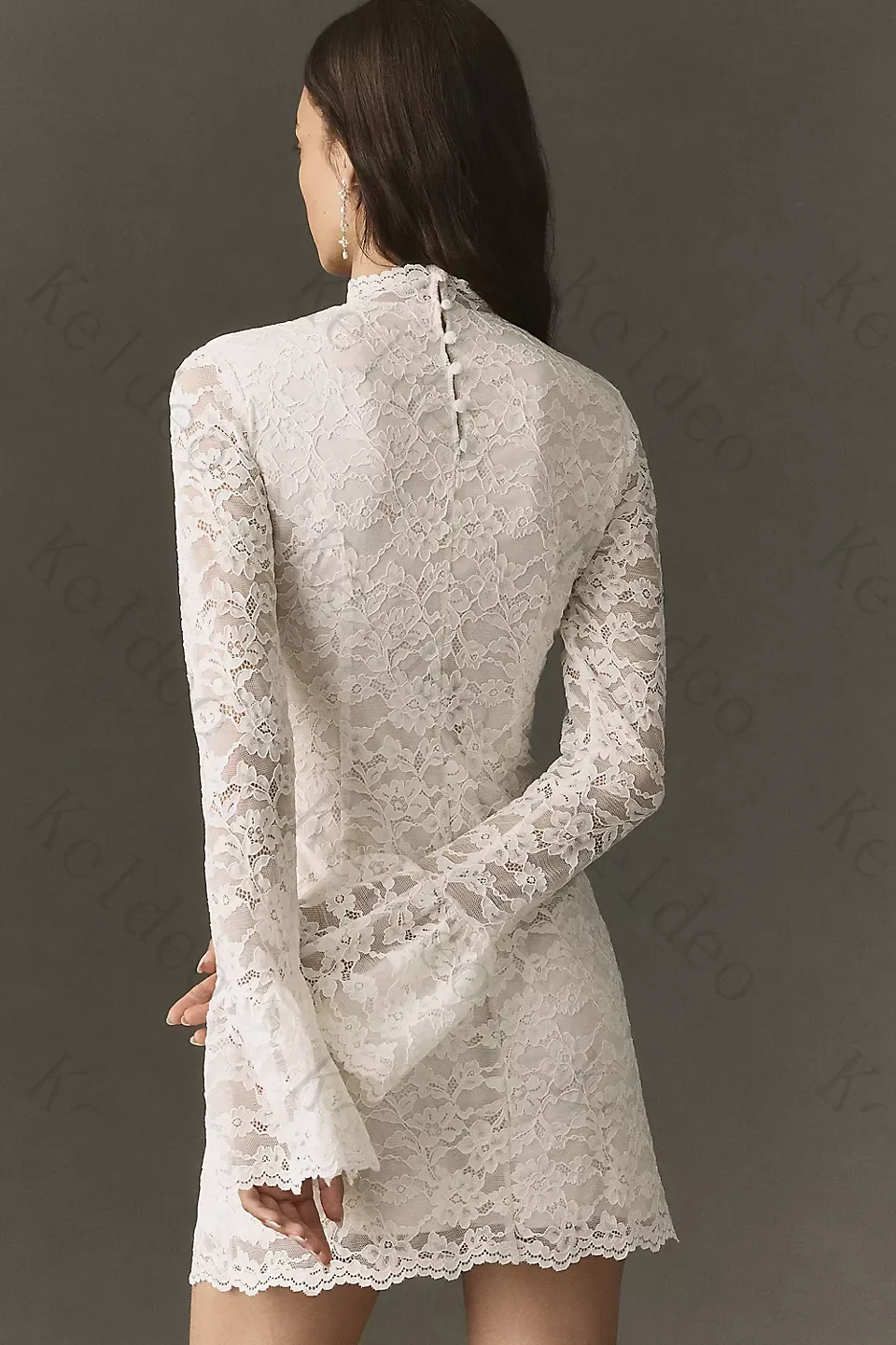 Customized Exquisite High‑Neck Sheath Wedding Dresses Long Bell Sleeve Floral Lace Mini Length Back Button Detail Bridal Gowns