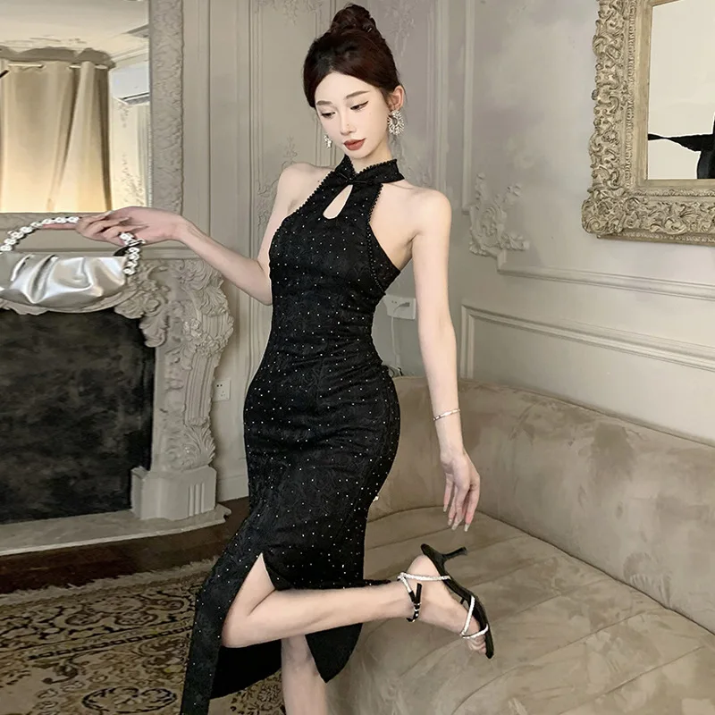 New Backless Chinese Style Improved Female Qipao Cheongsam Elegant Classic Long Sleeveless Dress Sexy White Vestidos