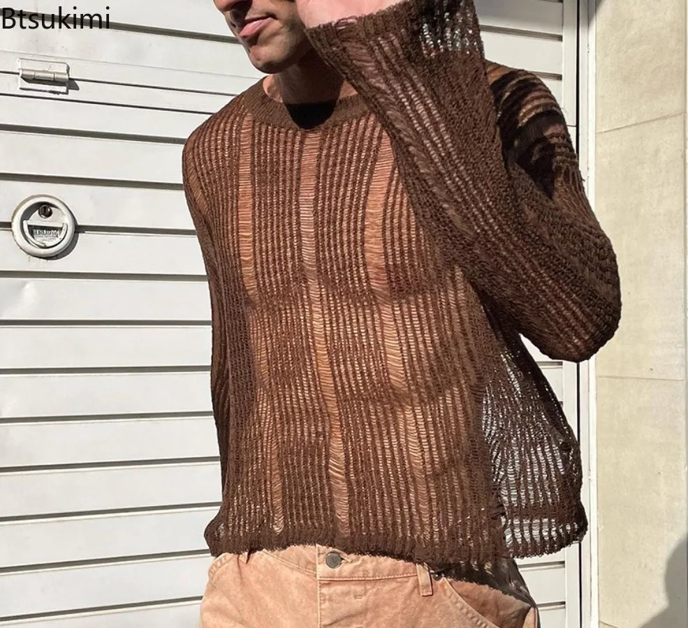 2026 Men's Long Sleeve Knitted Mesh T-shirts Sexy Hollow Out Streetwear Men Loose Casual O-neck Pullovers Spring Bottoming Tops