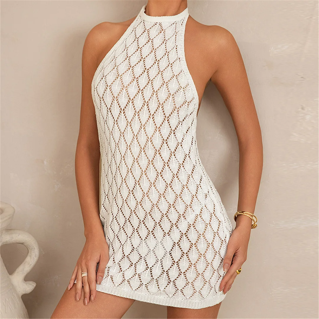 Rückenfreies, ausgeschnittenes, gehäkeltes, gestricktes Tunika-Strandkleid, Strandkleidung, Strandüberwurf, Cover-up, Damen V7220 – Detail 10