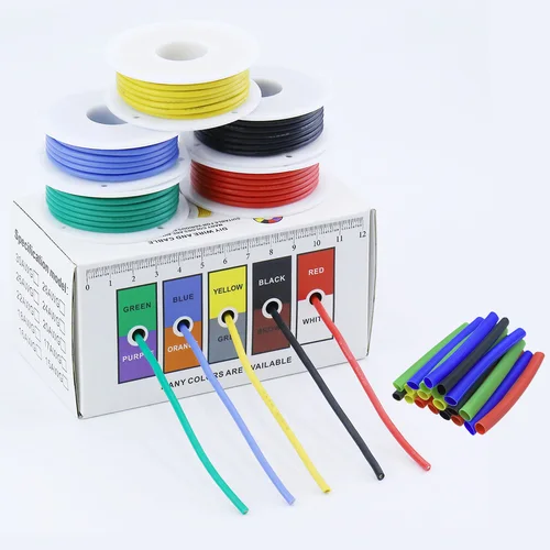 Cable eléctrico de 16/18/20/22/24/26/28 AWG con tubo termorretráctil, Kit de cables de conexión de silicona Flexible de cobre estañado trenzado de 5 colores
