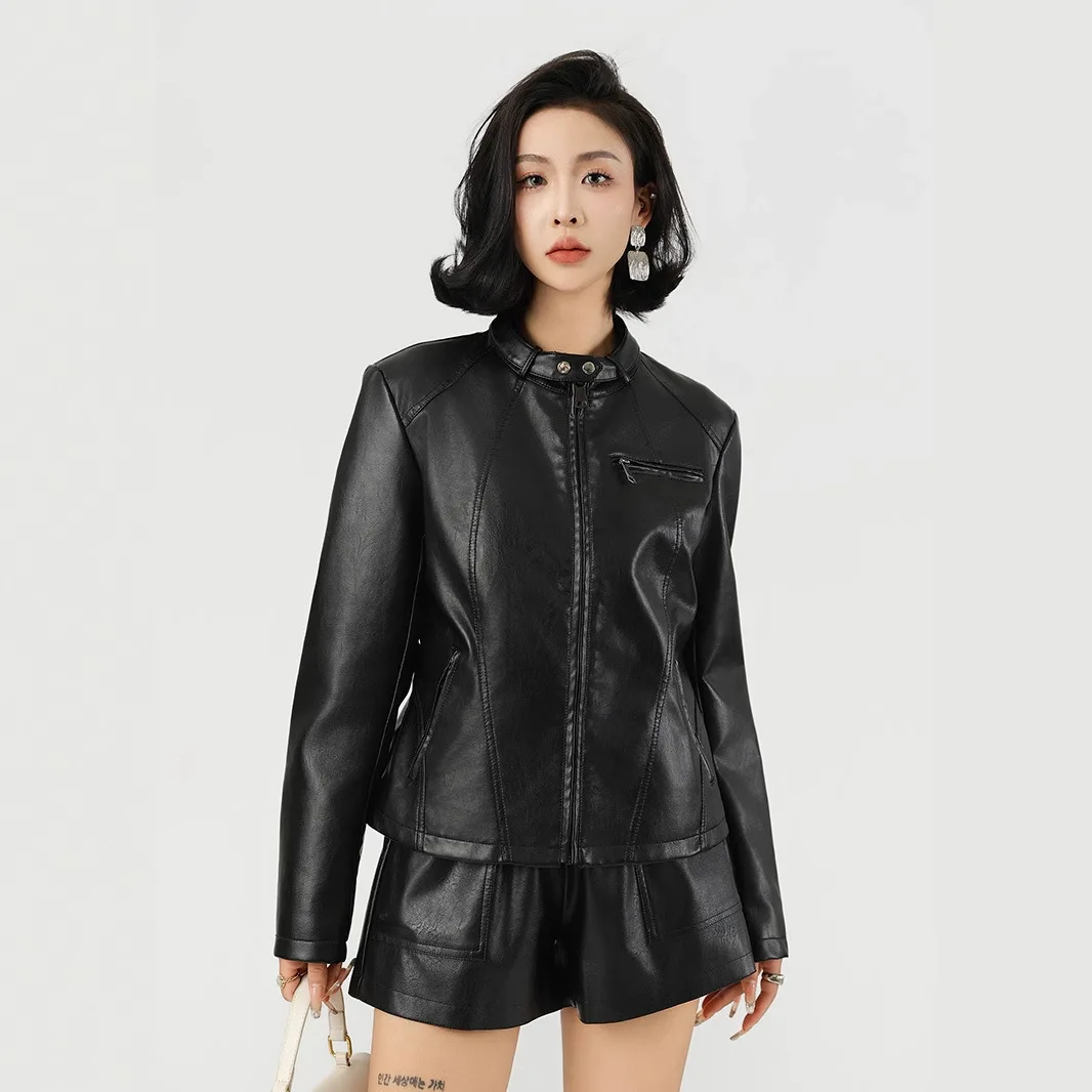 

Black Round Neck Button Multi Zipper Lady Leather Coat Minimalist Office Female Outwear KIDCRKJ Commuting Women Spring Jacket