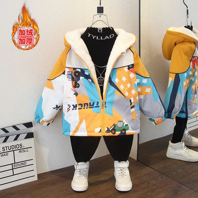 Add Velvet Thick Warm Winter Boys Coat Cartoon Rocket Jackets Girls Sports Casual Windbreaker Outerwear Kids Christmas Clothes