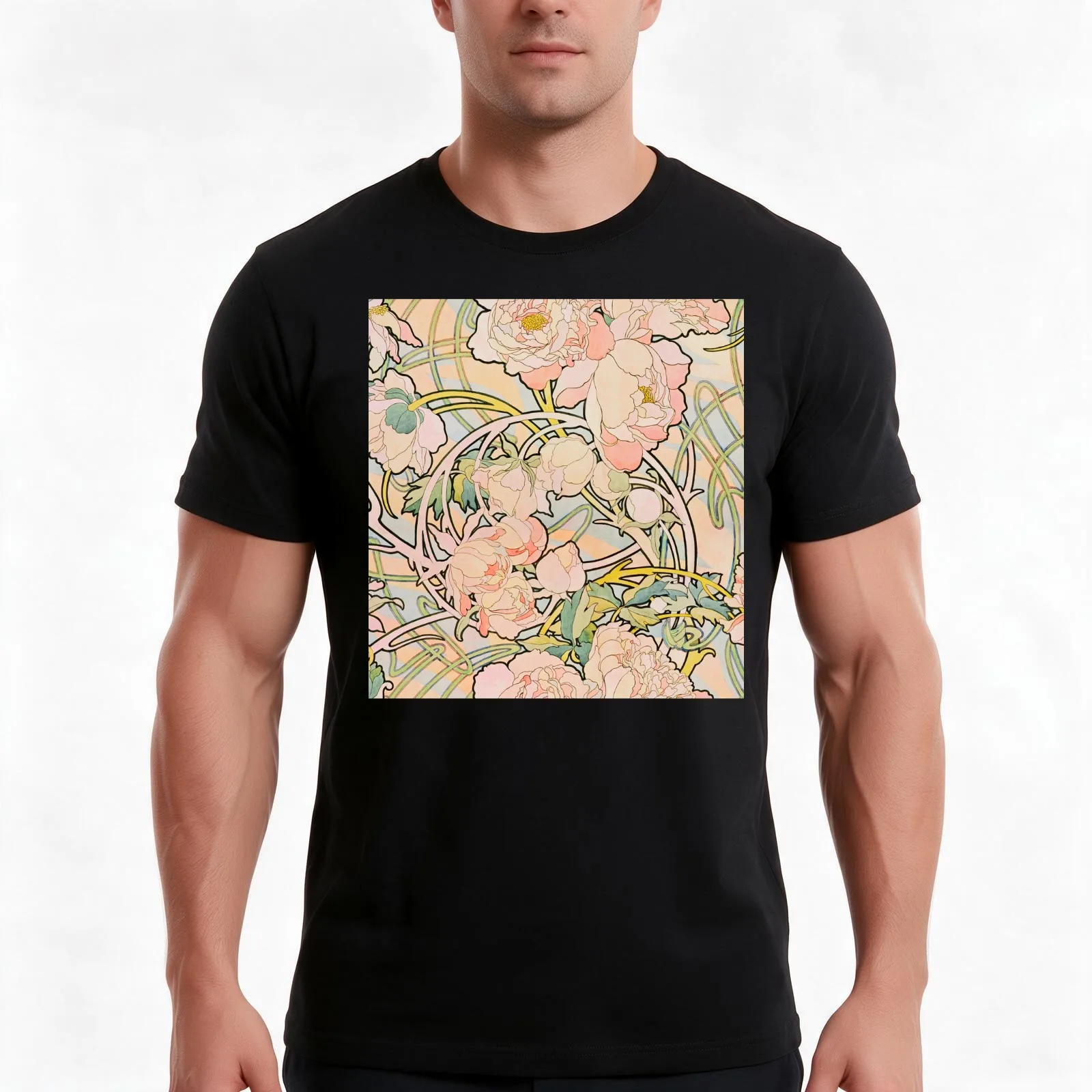 Mucha - Pink Floral Pattern T-Shirt Summer Casual Cotton Tee Oversized Streetwear Tops Vintage Graphic Print 100% Cotton
