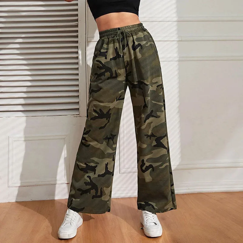 Lucyever Camouflage Farbe gerade Hosen Frau Vintage hohe Taille Kordel zug weites Bein Hose weibliche Streetwear Freizeit hose