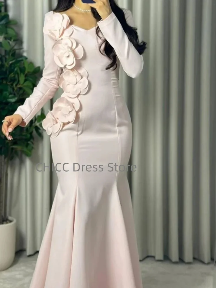 Robes de soirée modestes col en v à manches longues robe de bal sirène fleurs 3D occasion formelle robe de soirée d'invité de mariage personnalisée
