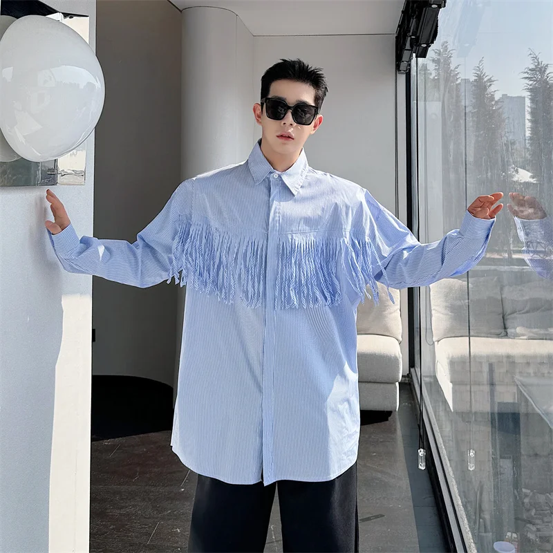 

SYUHGFA Korean Style Men's Wear Striped Male Shirts Front Tassel Men's Long Sleeve Turn-down Collar Top Casual 2024 Summer