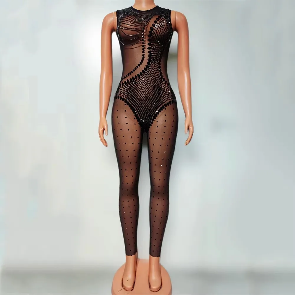 Black Rhinestone Mesh Tight Jumpsuit Sexy Dance Costume Crystal Leotard  DJ Nightclub Bar Performance Transparent Stage Outfit