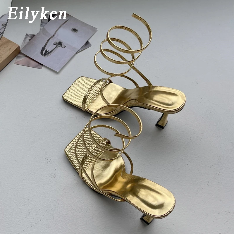 Eilyken Fashion Gold Rome Sandals Peep Toe Thin Low Heel Narrow Band Summer Gladiator Casual Pumps Womens Shoes