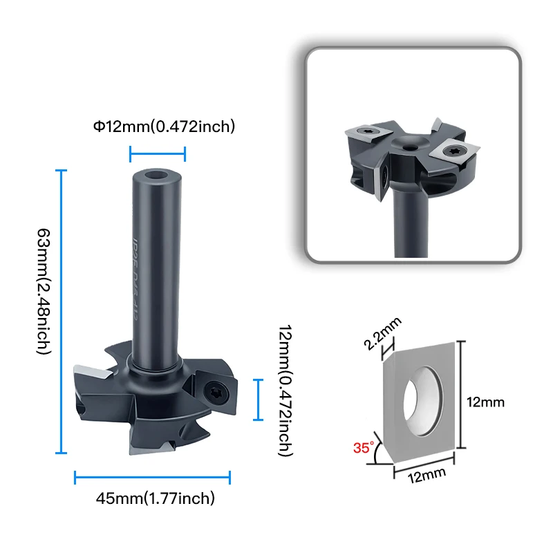 1pcs 12mm Wood Planer Bit Trimming Bit Milling Cutter for Wood CNC Woodworking Tools Insert Replacable Blade End Mill