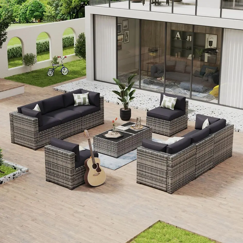 

10 Piece Patio Furniture Set Wicker Rattan Patio Conversation Set Outdoor Sectional Sofa Set with Coffee Table and Thickened Cu