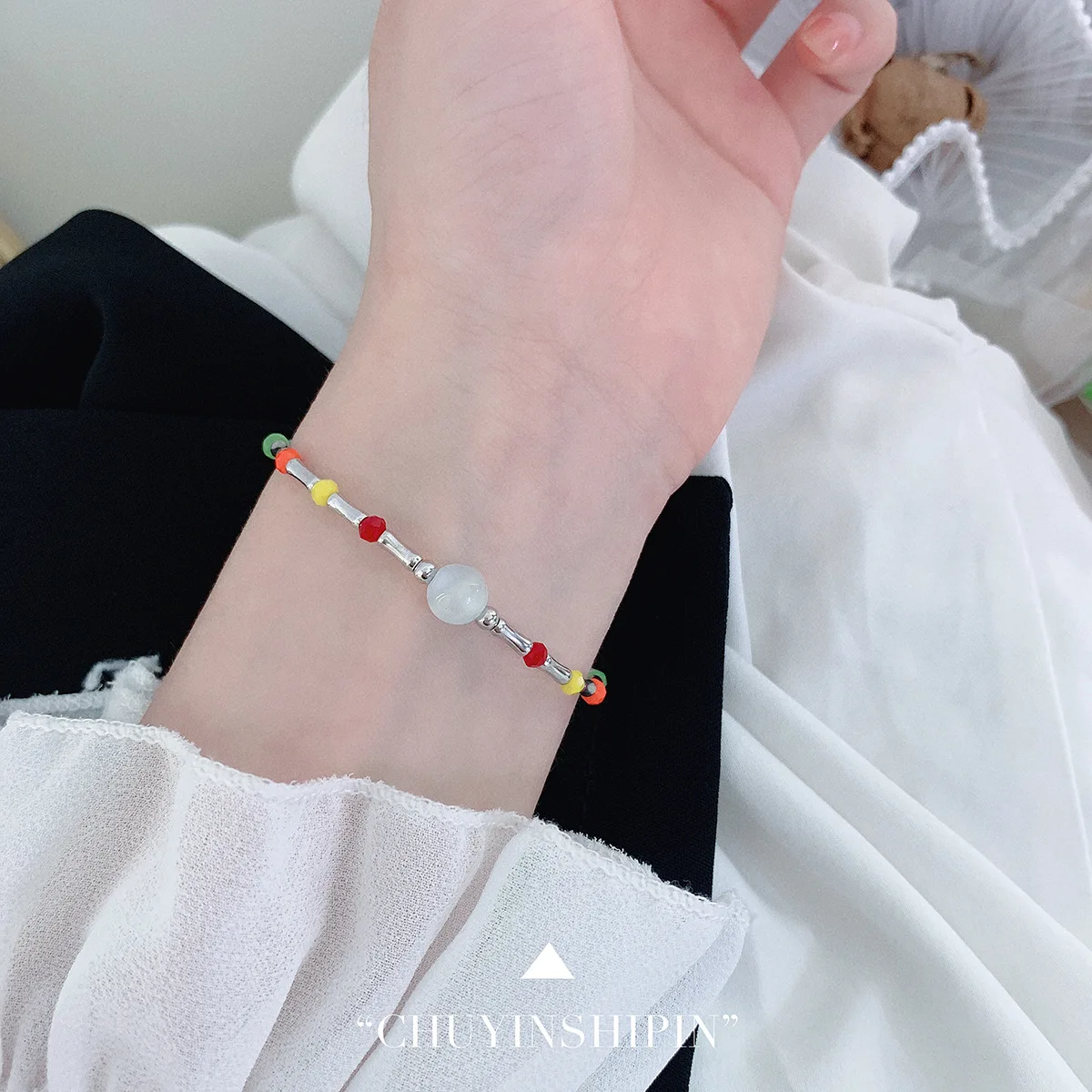 Stylish and Unique S925 Pure Silver Rainbow Bamboo Node White Cat Eye Stone Bracelet for Women